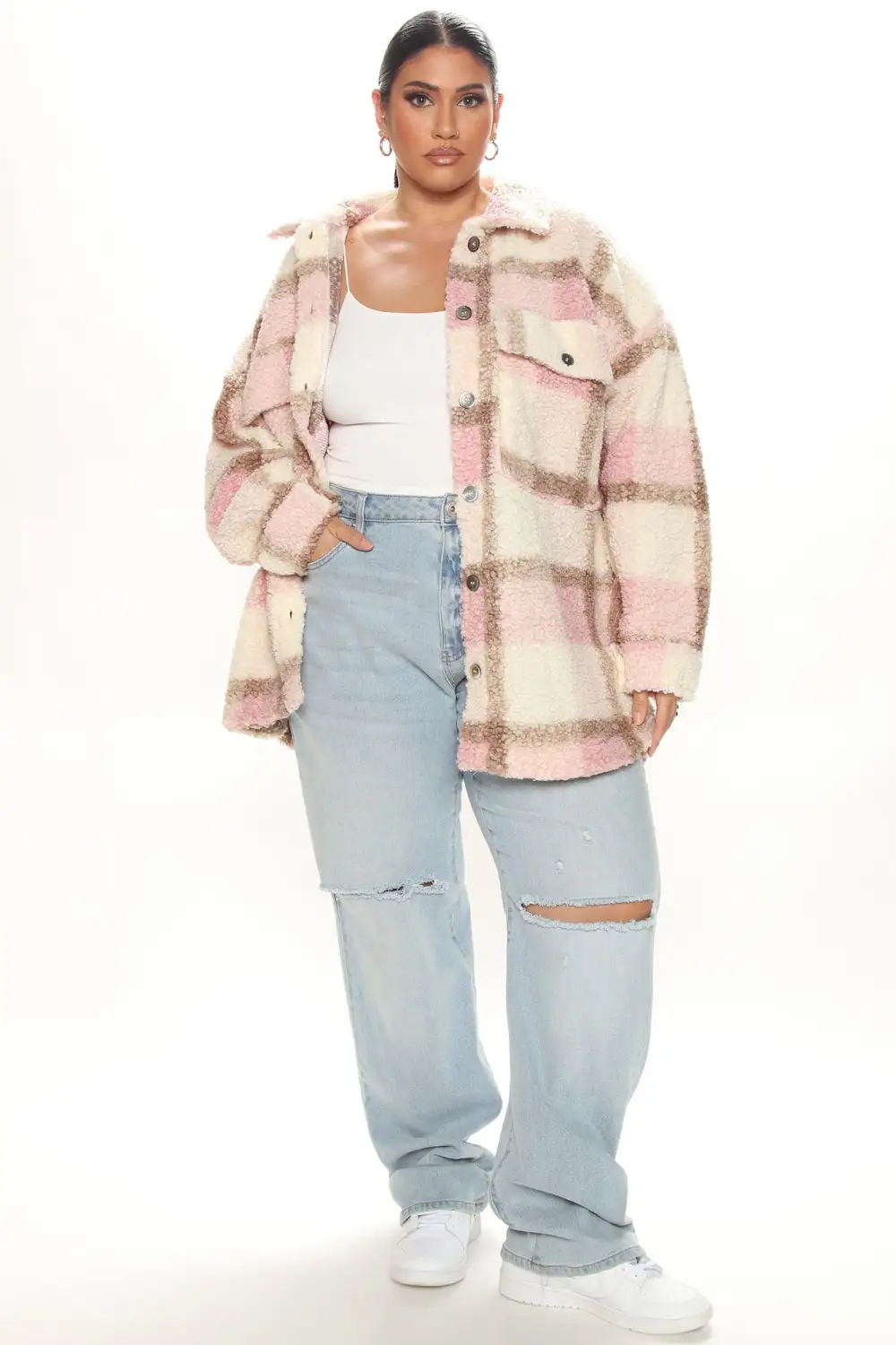 Sipping Coffee Sherpa Plaid Shacket - Mauve/combo