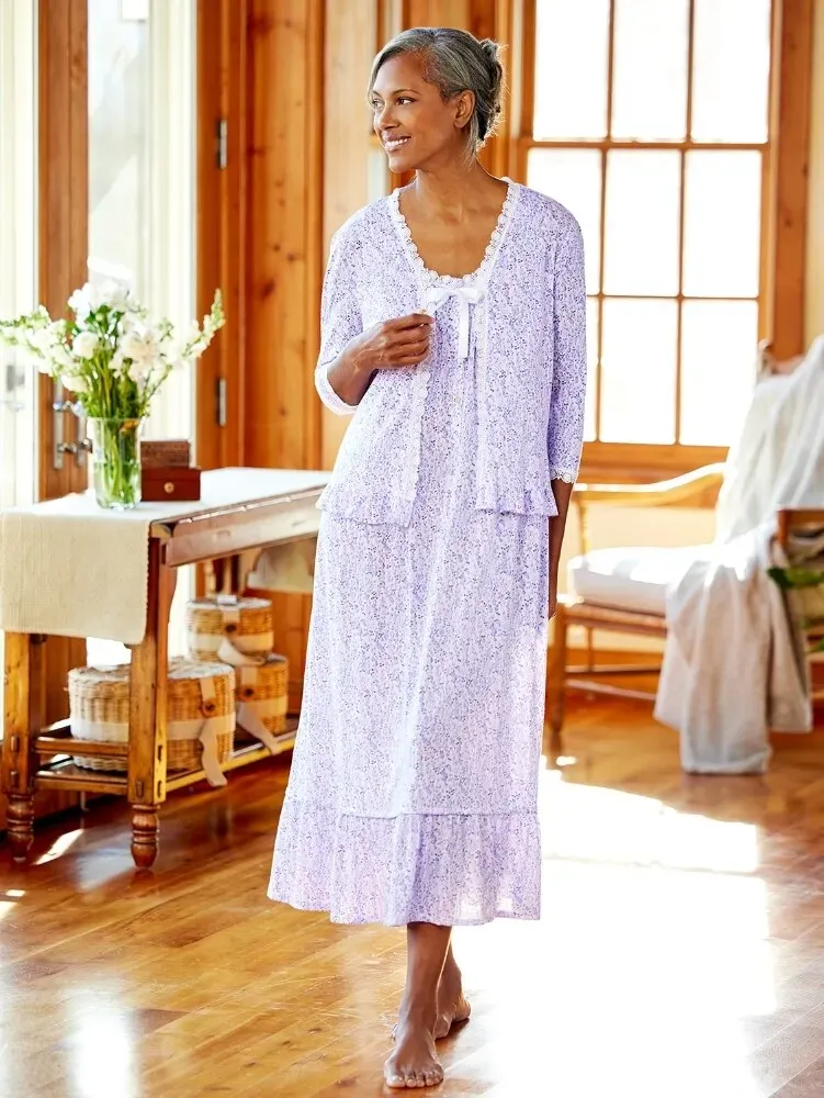 Eileen West Lavender Print Cotton and Modal Bed Jacket