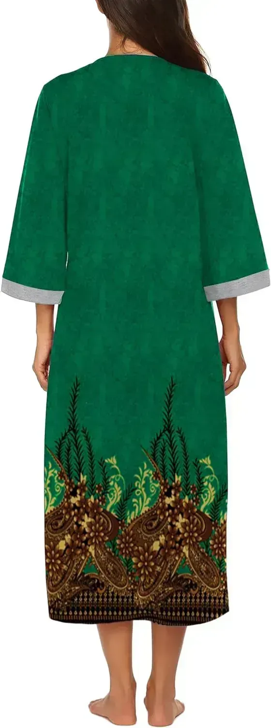 Women Zipper Robe 3/4 Sleeves Loungewear Dress Full Length Sleepwear Pockets Housecoat Nightgown Long Bathrobe