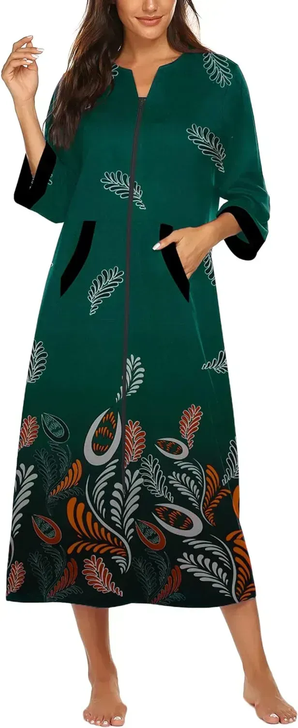 Women Zipper Robe 3/4 Sleeves Loungewear Dress Full Length Sleepwear Pockets Housecoat Nightgown Long Bathrobe