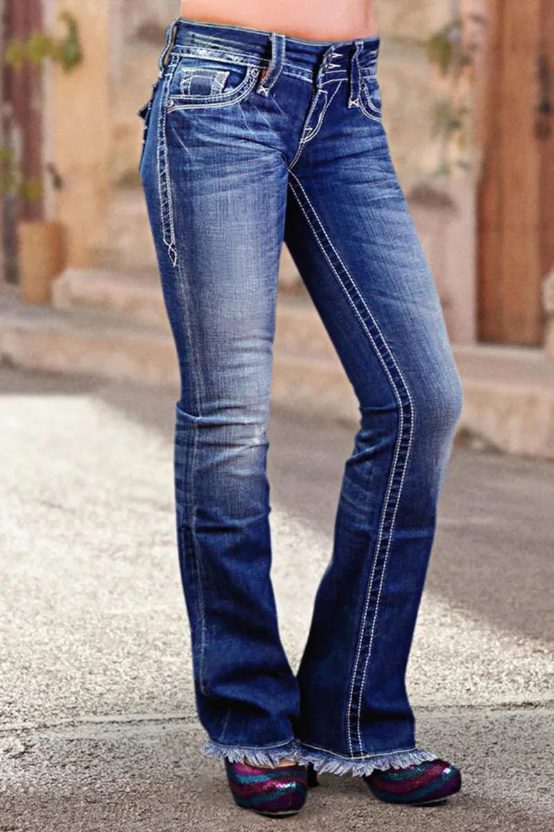 Raw Hem Double Button Mid Waist Straight Leg Jeans