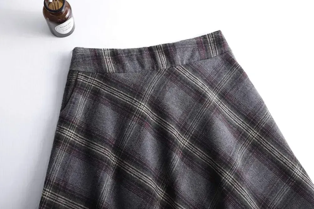 Women's Winter Elegant Warm Long Skirt Wool Maxi Skirts Elastic Waist A-Line High Waist Plaid Pleated Skirt S-3XL