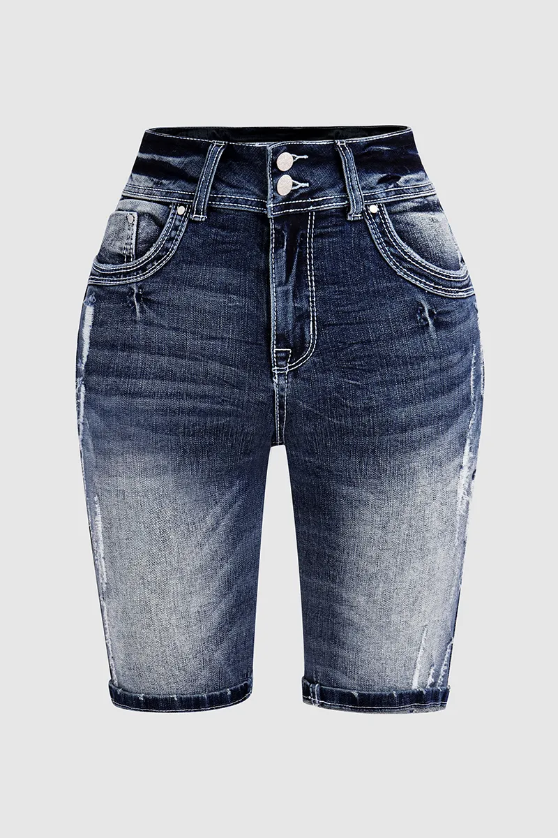 Double Button Ripped Roll Hem Mid Rise Denim Bermuda Shorts