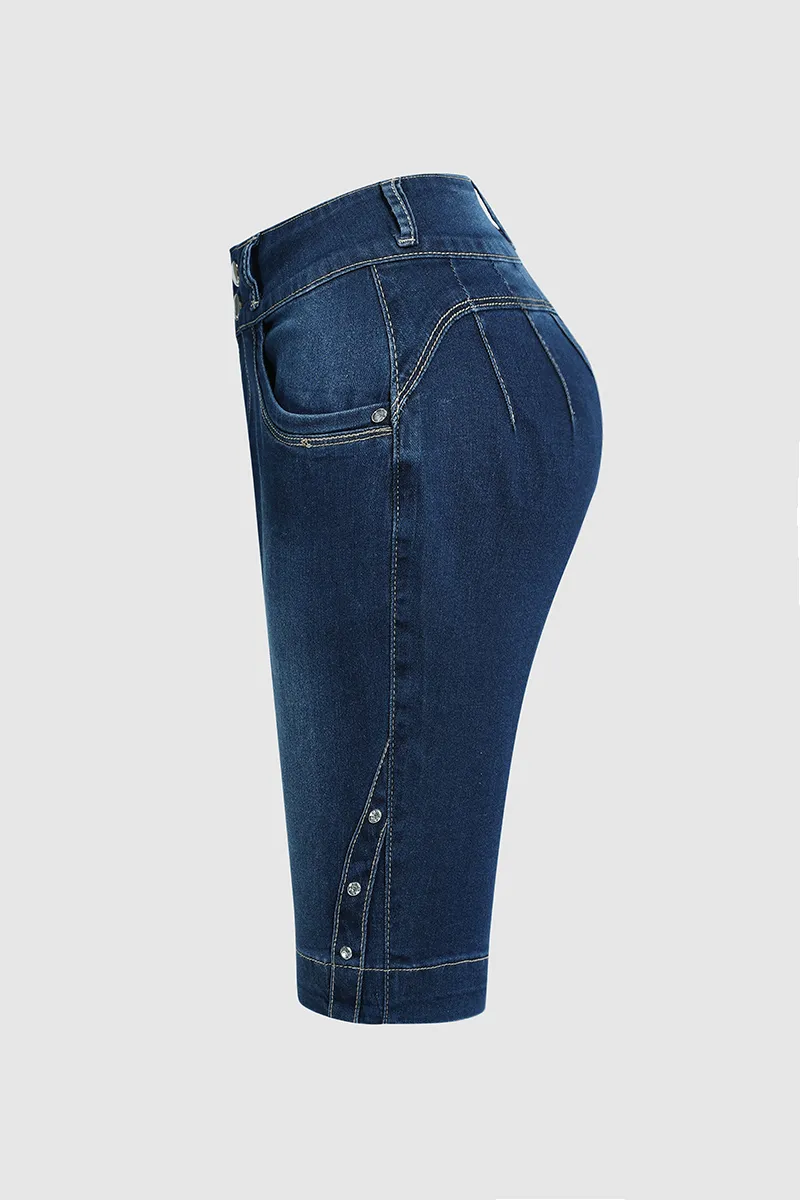 Double Button High Rise Skinny Denim Shorts