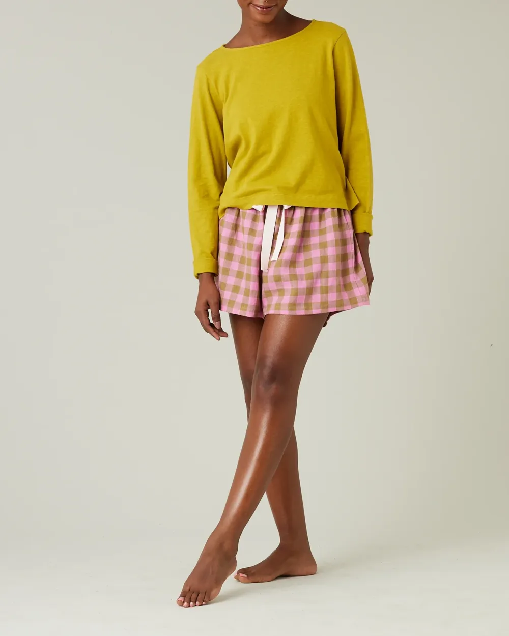 SHORTS PINK & OLIVE CHECK LINEN
