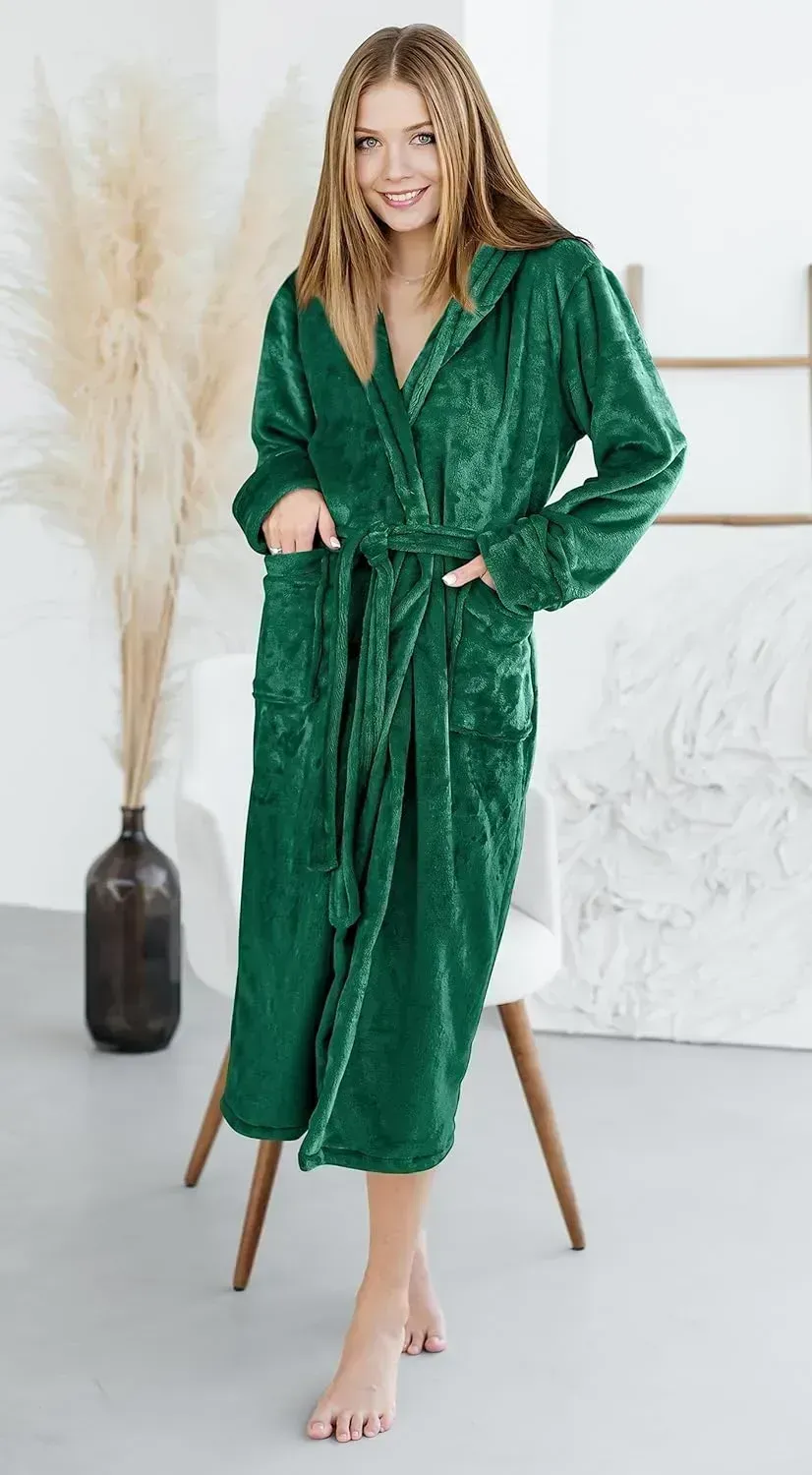 Women Fleece Shawl Collar Bathrobe - Plush Long Robe