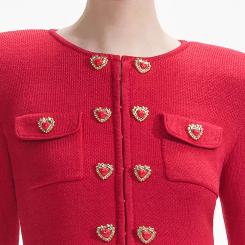 Red Knit Heart Buttoned Cardigan
