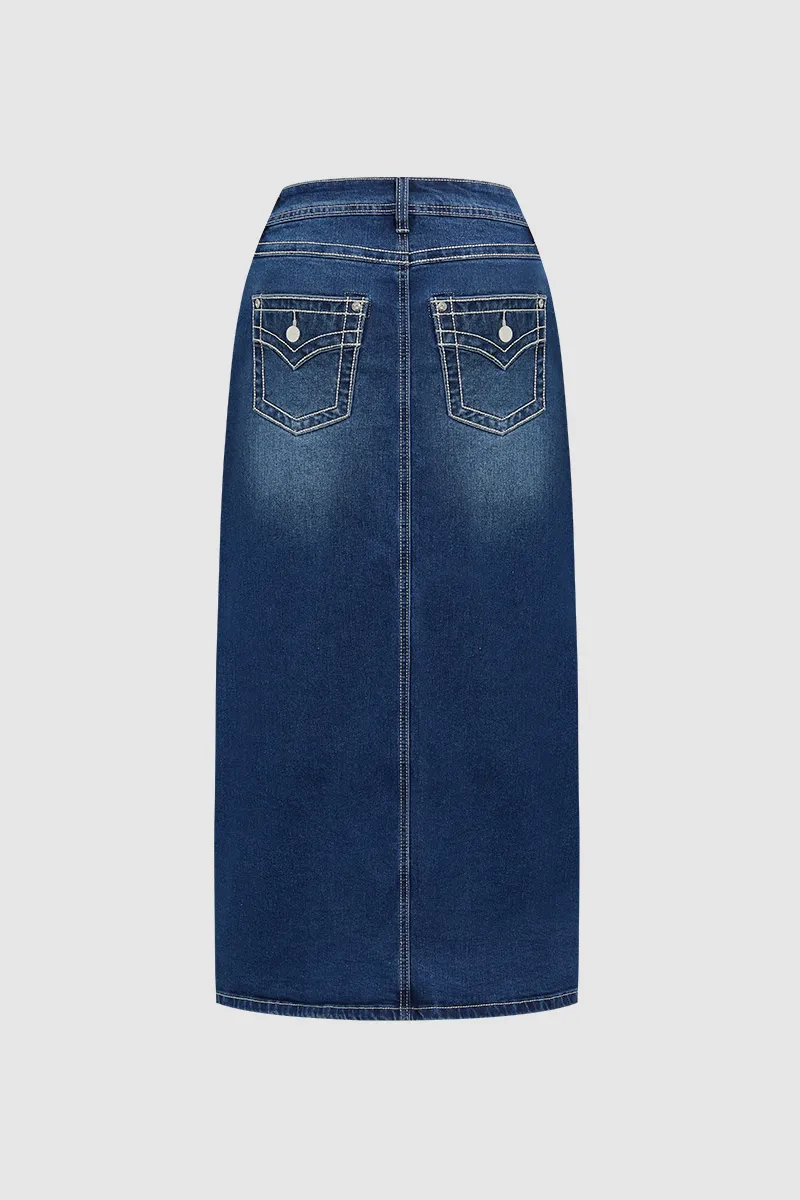 Split Stitch Detail Wash Mid Waist Midi Denim Skirt