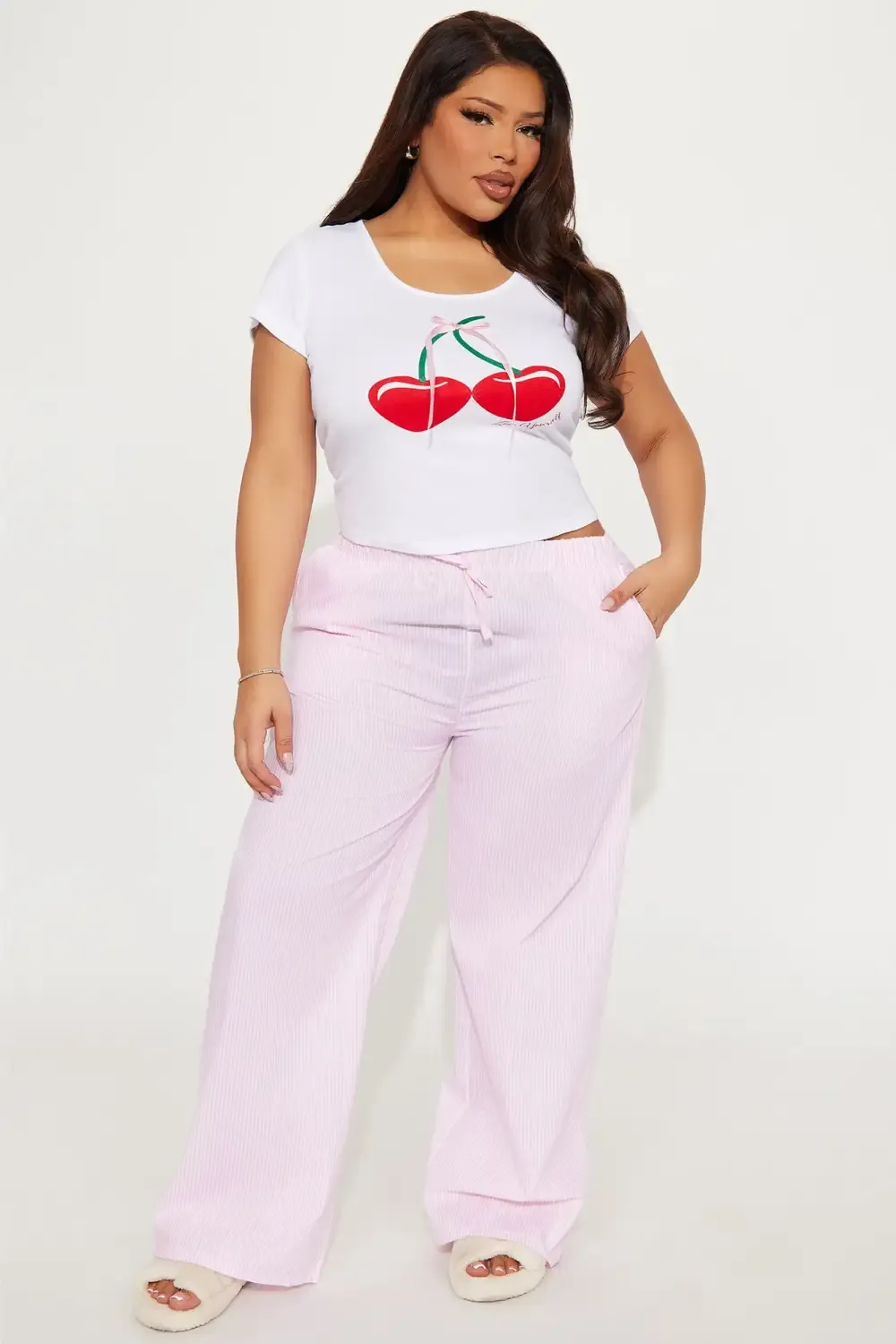 Cherry Season PJ Pant Set - White/Pink