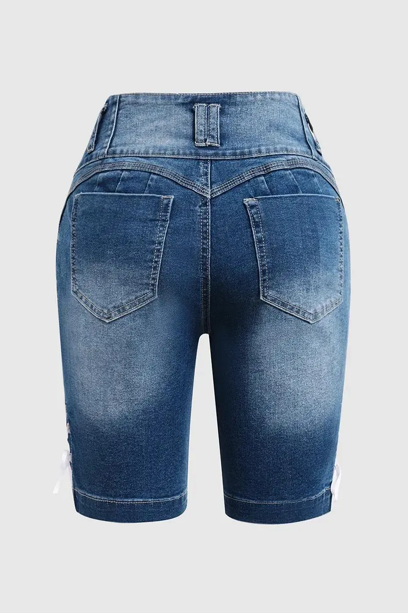 Button Fly Lace Up Side Mid Thigh Denim Shorts