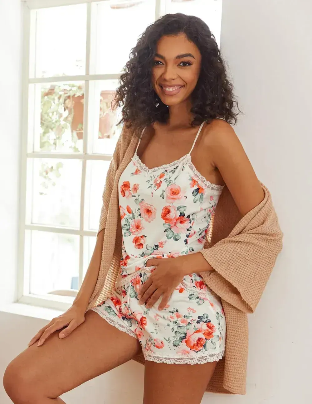 Women Cami Pajama Set Modal Sleepwear Lace Trim Short PJ Set with Shorts