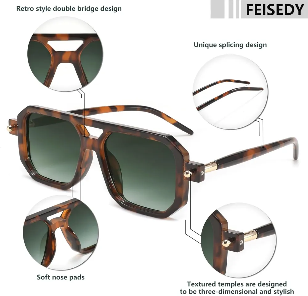 FEISEDY Vintage Square 70s Flat Aviator Sunglasses Women Men Classic Retro Stylish Frame UV400 Sunglasses B2622
