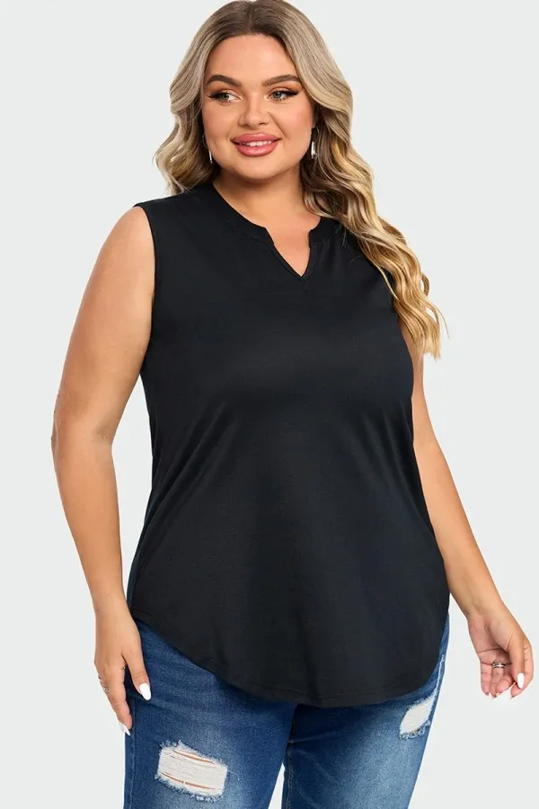 Solid Black Hem Sleeveless Notched V Neck Tank Top