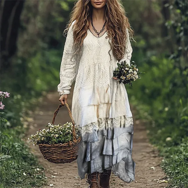 Vintage Floral Lace Layered Flowy Linen Blend Maxi Dress