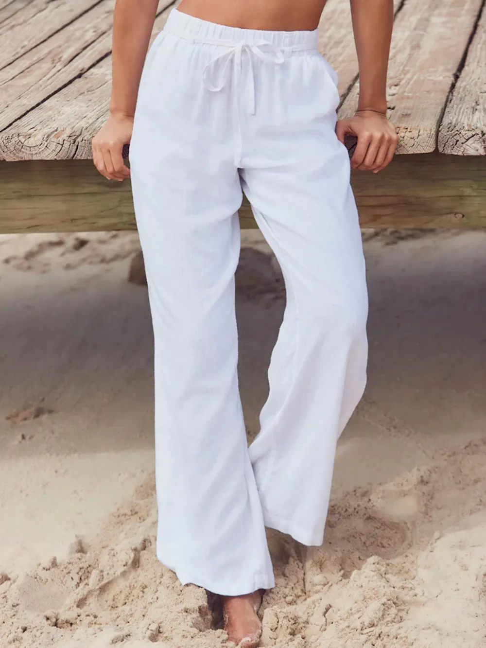 Wide Tie Waist Wide Leg Linen Blend Pants