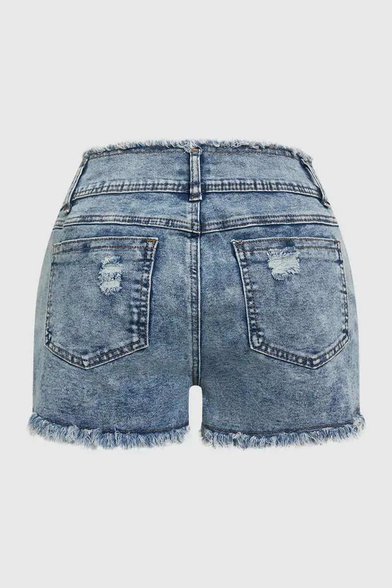 Ripped Raw Trim High Waist Denim Shorts