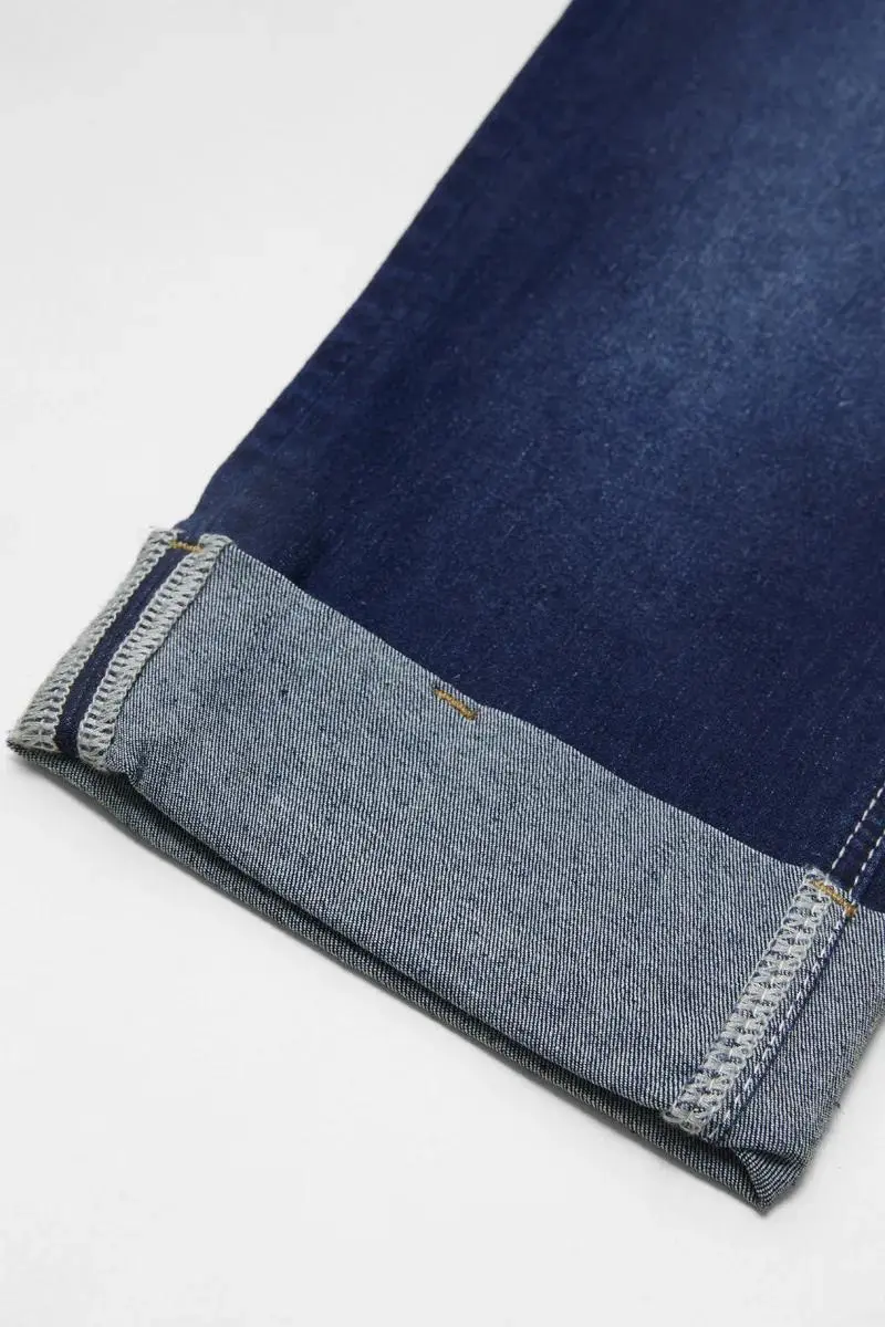 Wash Embroidery Back Roll Hem Mid Rise Capri Jeans