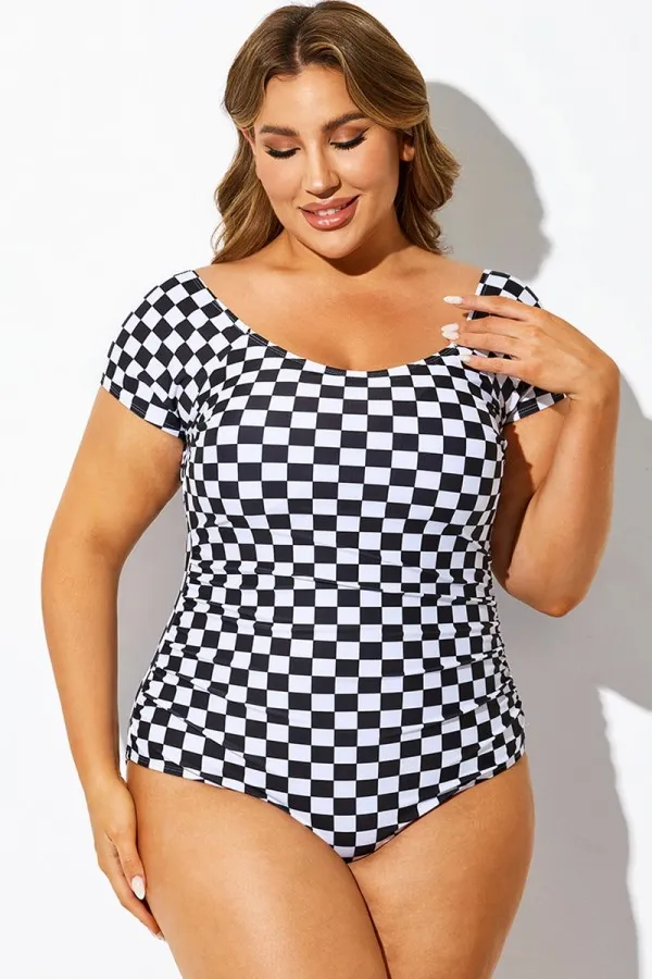 Black & White Check Modest Elastic One Piece Swimsuit