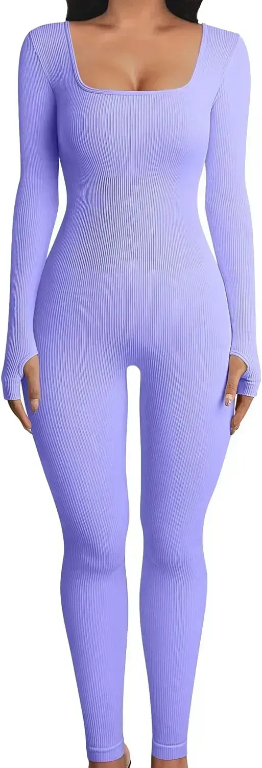 Women Yoga Jumpsuits Workout Ribbed Long Sleeve Sport Jumpsuits
