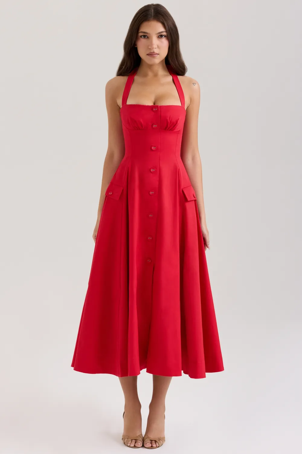 Red Stretch Cotton Button Halter Neck Midi Dress