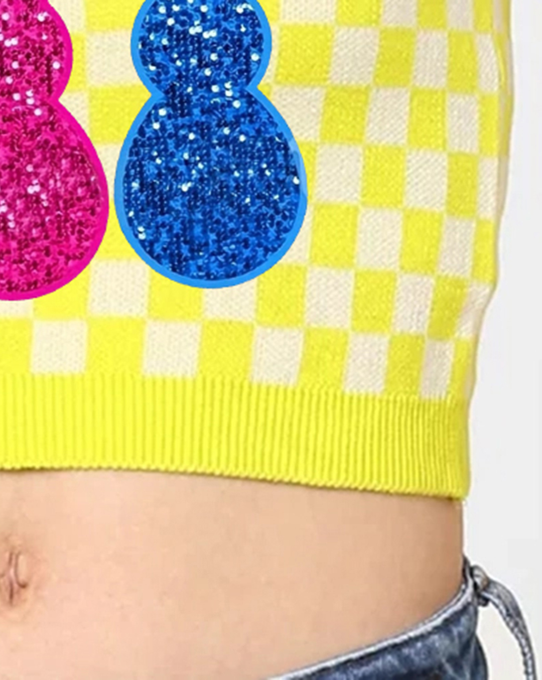 Yellow Checkered Bunny Print Knit Cropped Top