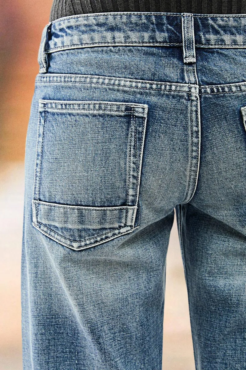 Wash Mid Waist Straight Leg Jeans Without Belt