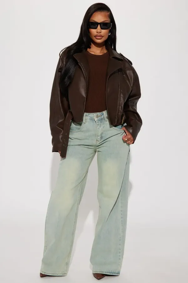 Check The Deets Faux Leather Moto Jacket - Brown