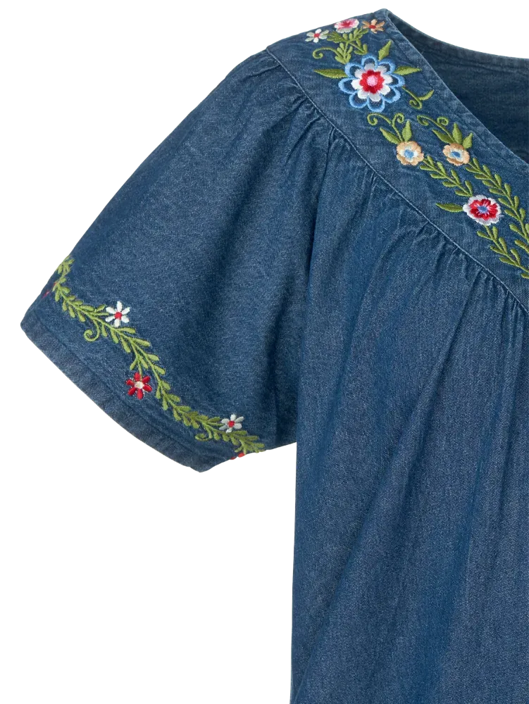 Embroidered Cotton Denim Muumuu With Flutter Sleeves