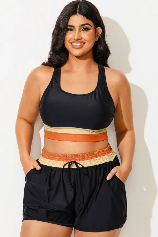 Plus Size Round Neck Orange Patchwork Bikini Top