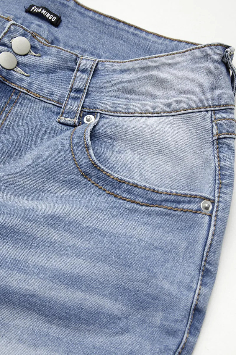 Wash Double Button Flap Pocket Mid Waist Straight Leg Jeans