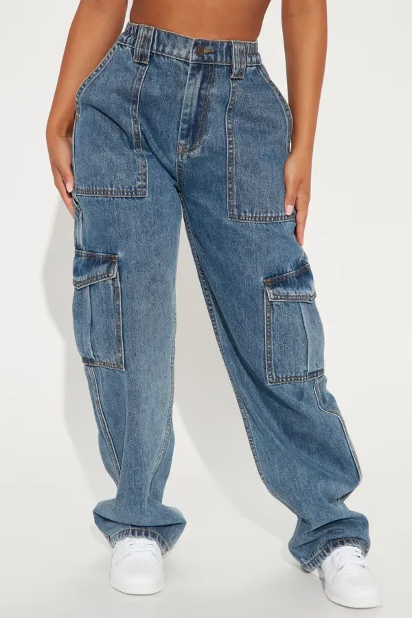 Petite Don't You Worry Wide Leg Cargo Jeans - Medium Blue Wash