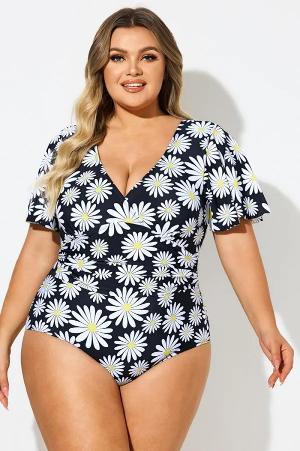 Daisy Print V-Neck Ruffle Sleeves One Piece Swimsuit