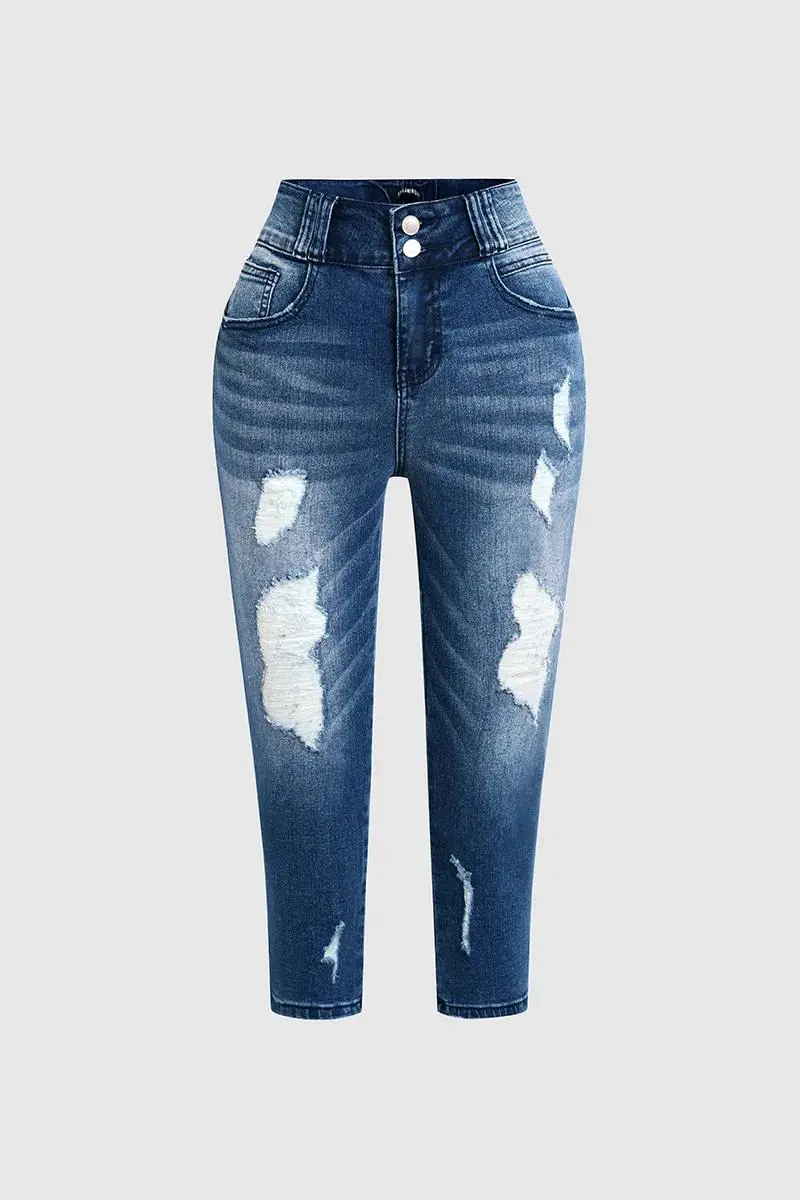 Wash Ripped Double Button High Rise Capri Jeans