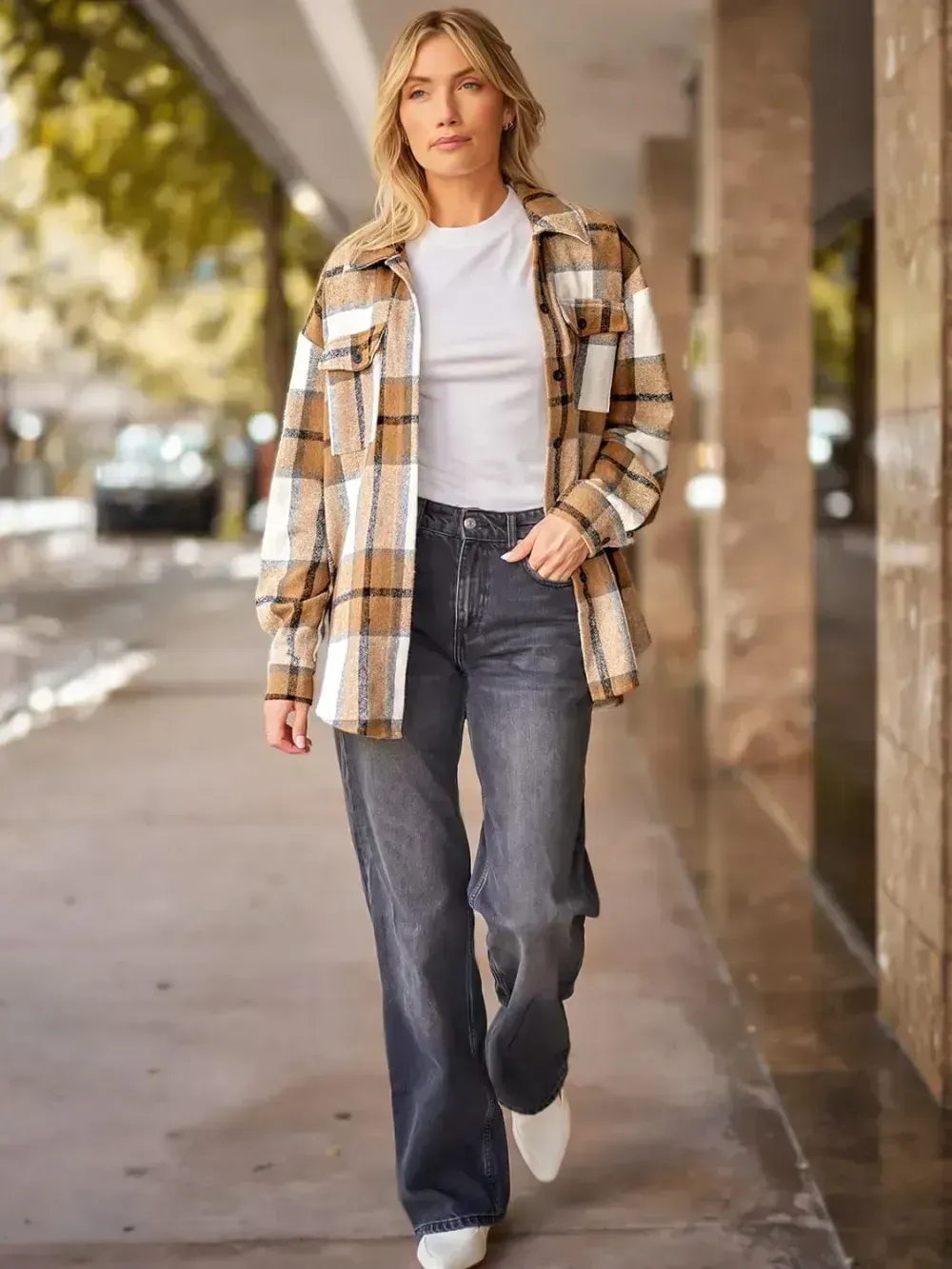 Womens Casual Plaid Shacket Button Down Long Sleeve Shirt