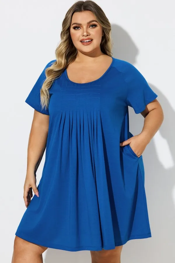 Blue Round Neck Box-Pleat Cover Up