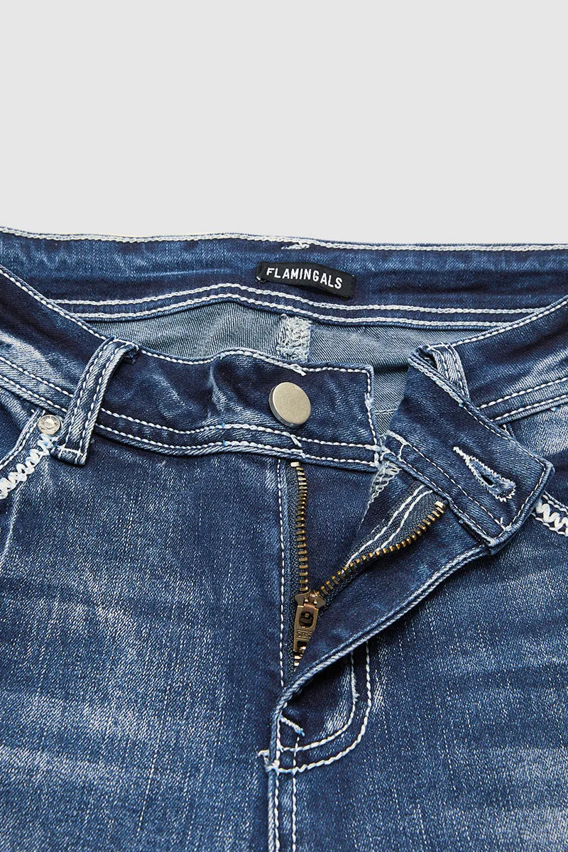 Wash Stitch Detail Mid Rise Straight Leg Jeans