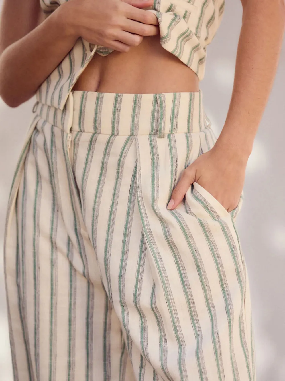 Striped Elastic Wide-Leg Pants With Linen