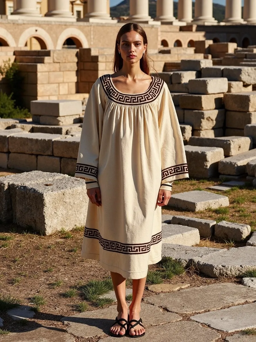 Vintage Classic Greek Key Crew Neck Cotton Blend Mixi Dress