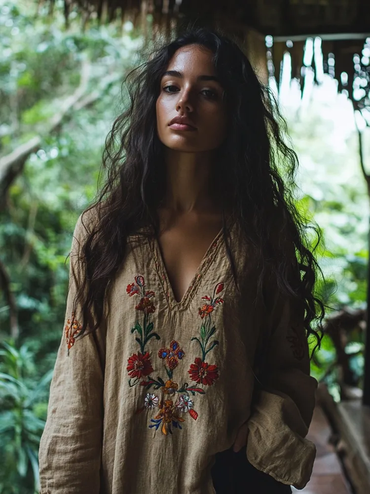 Vintage Floral Embroidery Art Linen Casual Shirt