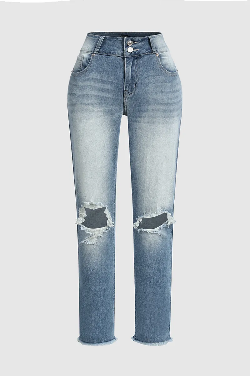 Cut Out Raw Hem Mid Rise Skinny Jeans