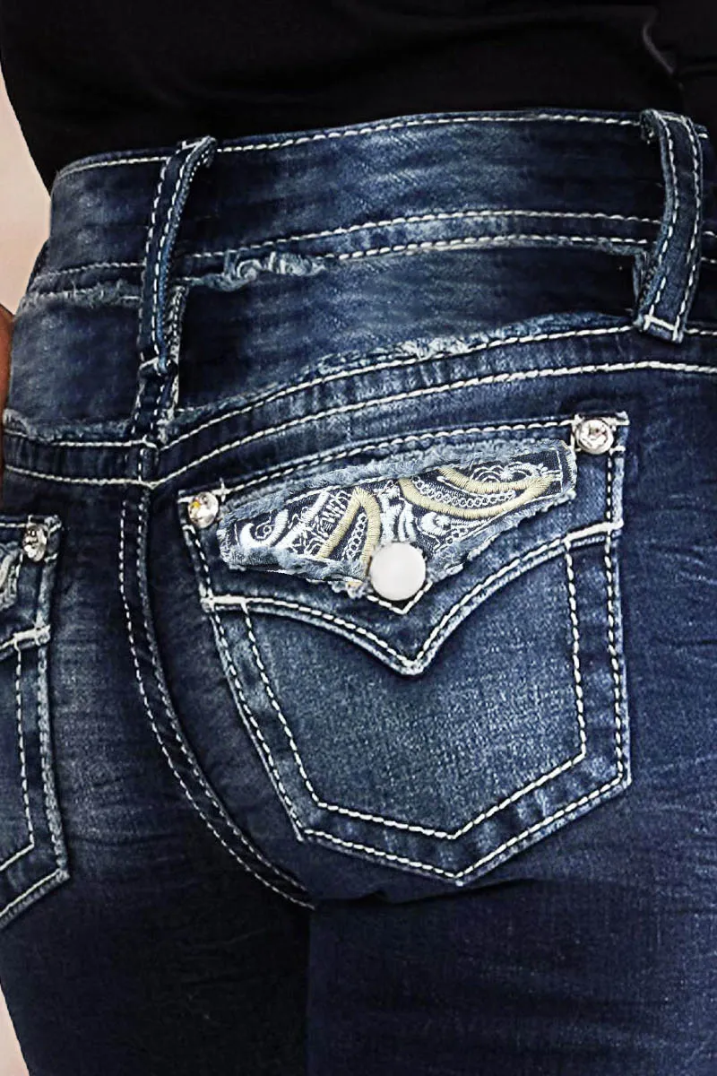 Washed Embroidery Pocket Button Up Mid Rise Skinny Jeans