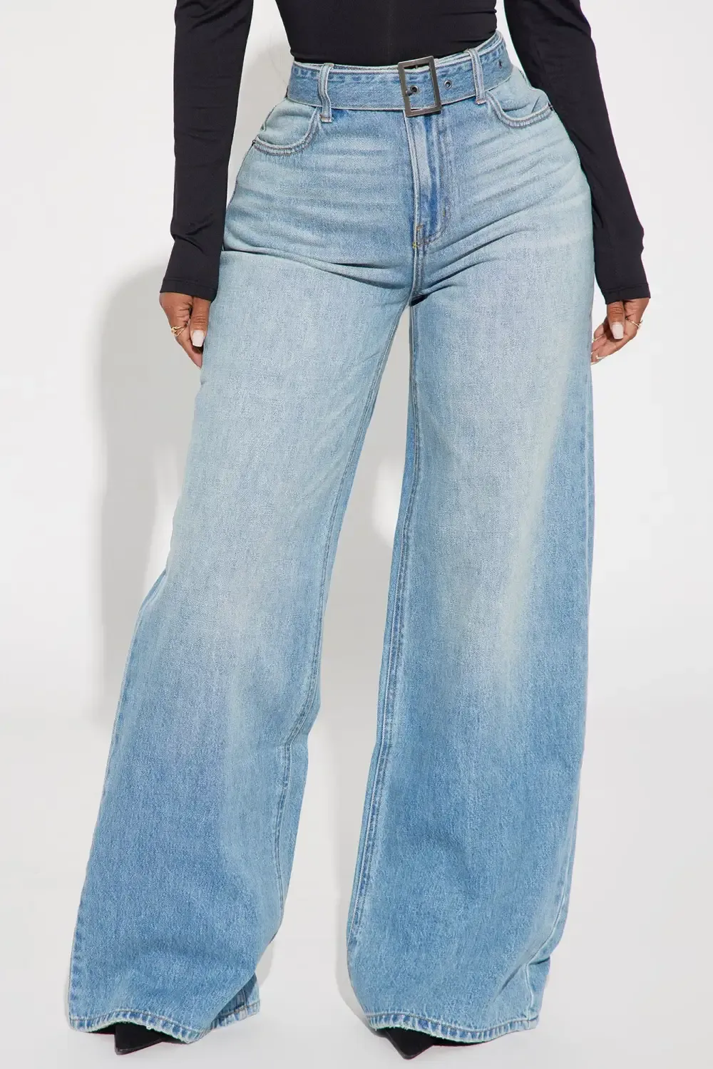 No Limit Belted Non Stretch Wide Leg Jean - Medium Wash