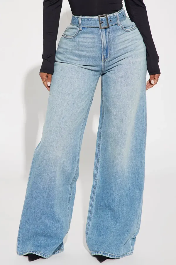 No Limit Belted Non Stretch Wide Leg Jean - Medium Wash