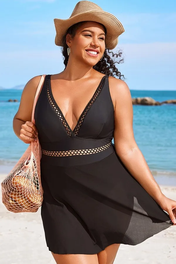 Plus Size Black Lattice Plunge Mesh Swimdress