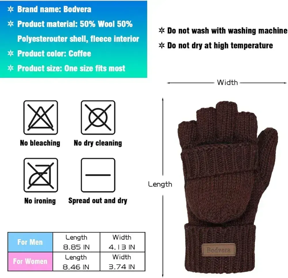 Bodvera Thermal Insulation Fingerless Texting Wool Gloves for Women and Men Winter Warm Knitted Convertible Mittens Flap