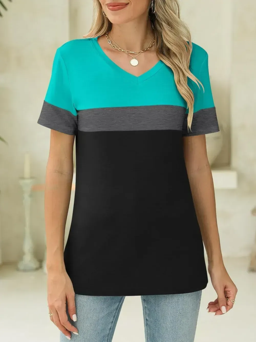 ORANDESIGNE Women's Color Block Short Sleeve T Shirts Casual V Neck Summer Tops Tees Loose Fit Blouses