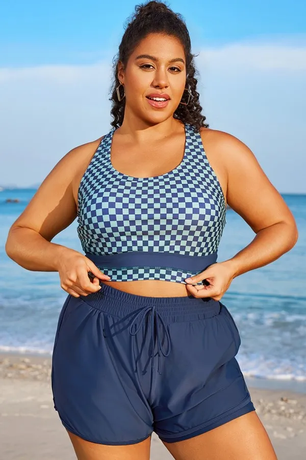 Blue Check Round Neck Patchwork Bikini Top
