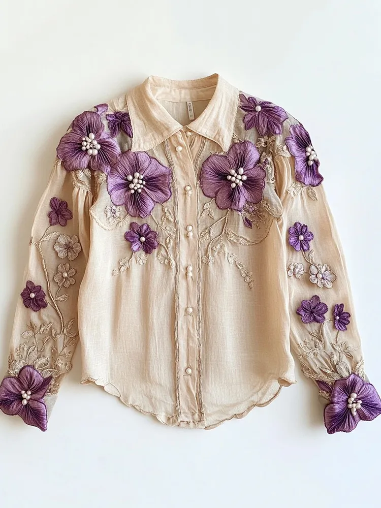 Women's Purple Floral Embroidered Linen Blend Vintage Shirt