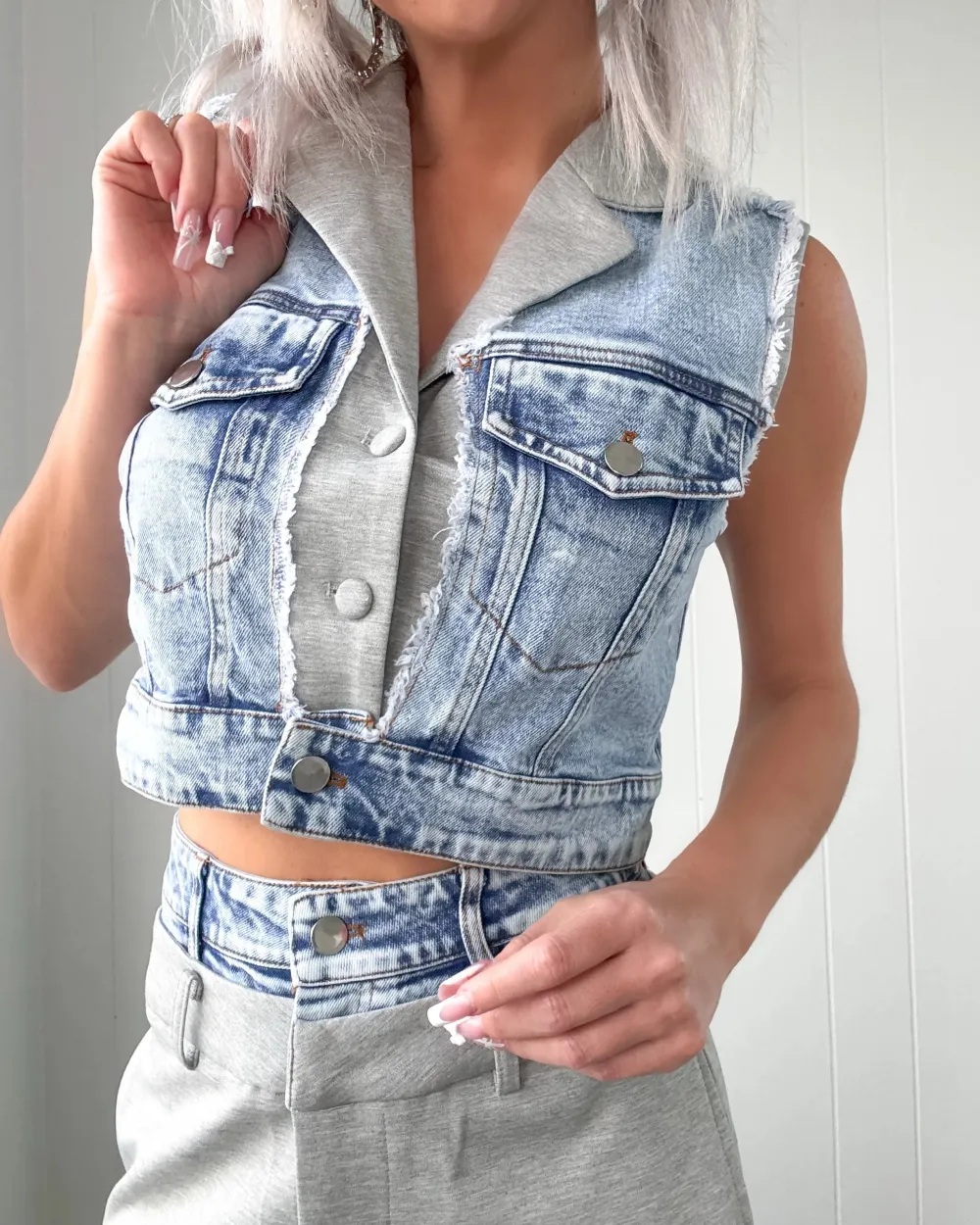 Mixed Denim Vest & Pants Set - Blue/Grey