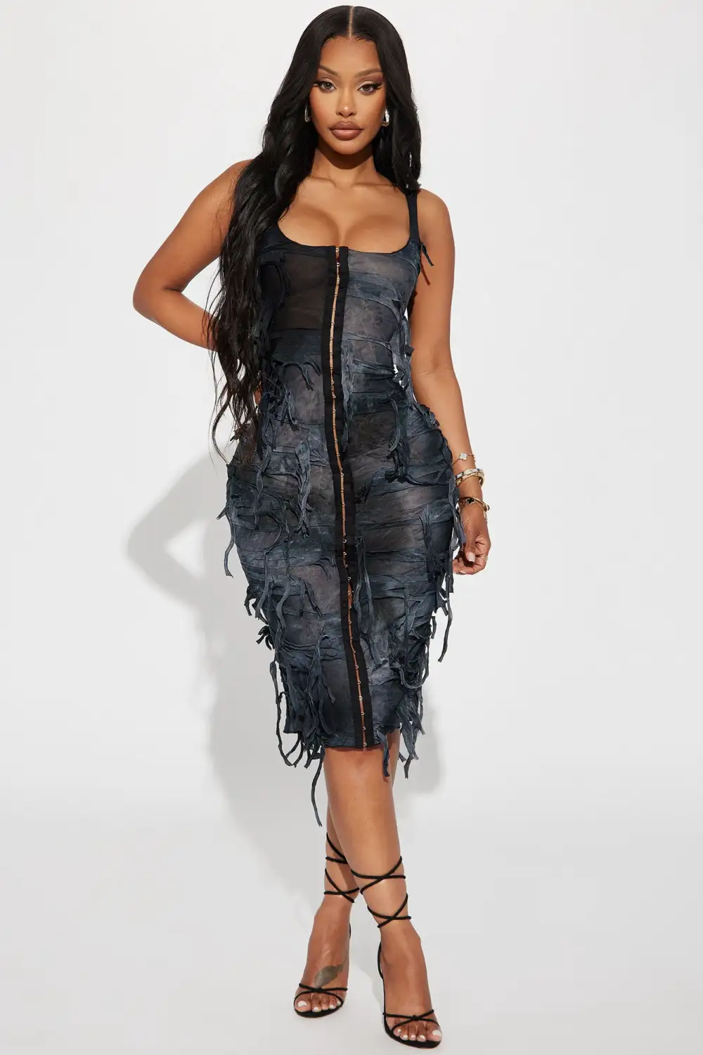 Demi Distressed Midi Dress - Black/combo